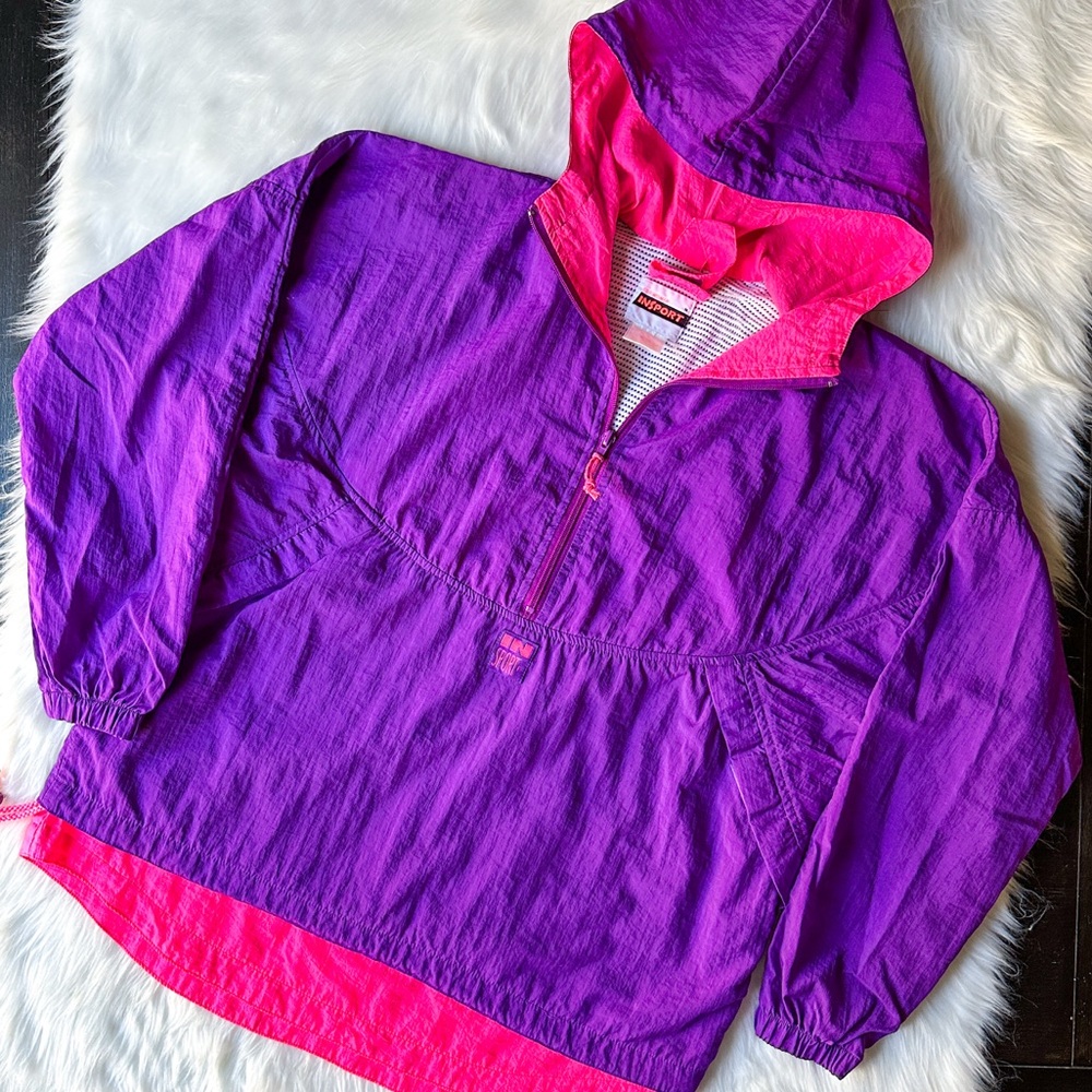 Vintage 1990s Neon InSport Pullover Windbreaker Jacket Kangaroo Pocket M